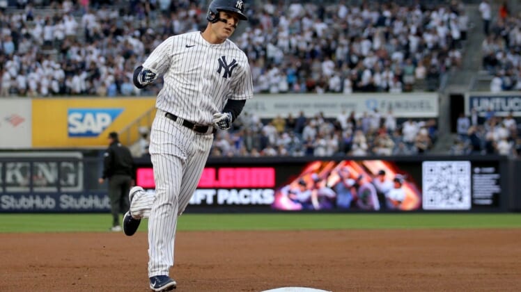 May 24, 2022; Bronx, New York, USA; New York Yankees first baseman Anthony Rizzo (48) rounds the bases after hitting a solo home run against the Baltimore Orioles during the first inning at Yankee Stadium. Mandatory Credit: Brad Penner-USA TODAY Sports