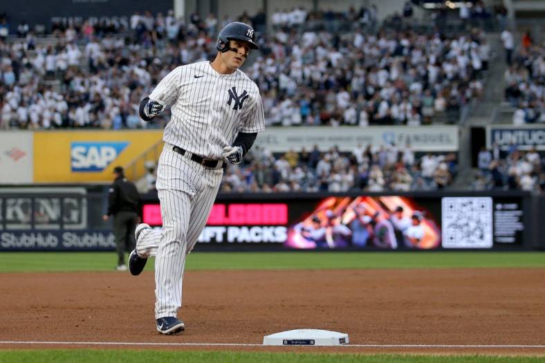 May 24, 2022; Bronx, New York, USA; New York Yankees first baseman Anthony Rizzo (48) rounds the bases after hitting a solo home run against the Baltimore Orioles during the first inning at Yankee Stadium. Mandatory Credit: Brad Penner-USA TODAY Sports