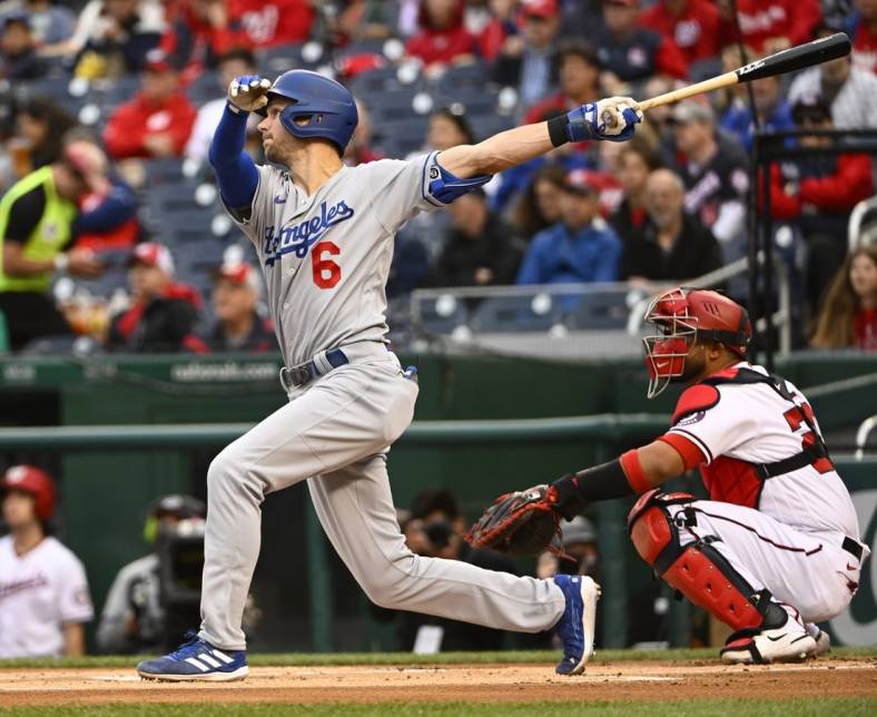 May 24, 2022; Washington, District of Columbia, USA; Los Angeles Dodgers shortstop Trea Turner (6) hits a two run home run against the Washington Nationals during the first inning at Nationals Park. Mandatory Credit: Brad Mills-USA TODAY Sports