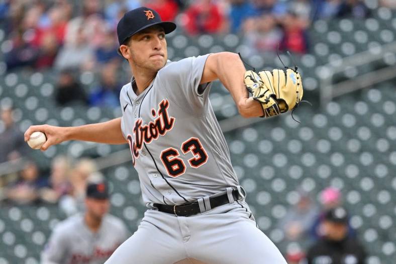 May 24, 2022; Minneapolis, Minnesota, USA;  Detroit Tigers starting pitcher Beau Brieske (63) delivers a pitch against the Minnesota Twins during the first inning at Target Field. Mandatory Credit: Nick Wosika-USA TODAY Sports