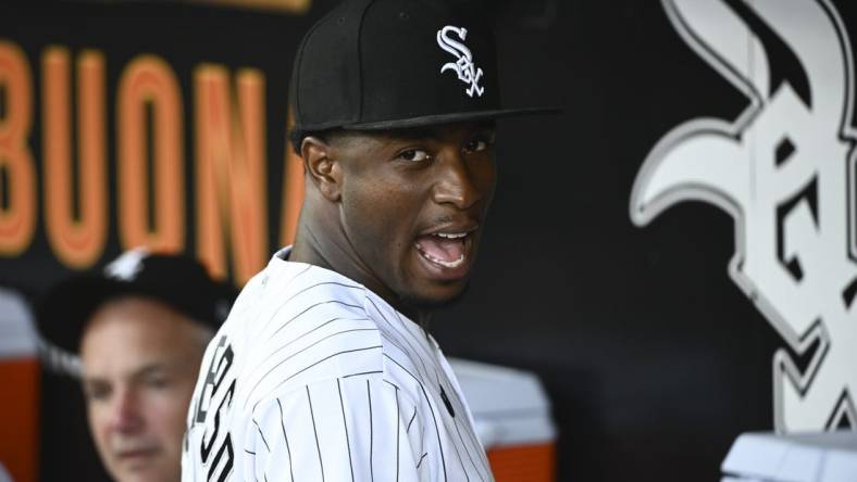 May 24, 2022; Chicago, Illinois, USA; Chicago White Sox shortstop Tim Anderson (7) in the dugout before the game against the Boston Red Sox at Guaranteed Rate Field. Mandatory Credit: Matt Marton-USA TODAY Sports