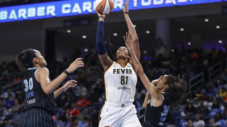 May 24, 2022; Chicago, Illinois, USA; Indiana Fever center Alaina Coates (81) shoots against the Chicago Sky during the second half at Wintrust Arena. Mandatory Credit: Kamil Krzaczynski-USA TODAY Sports