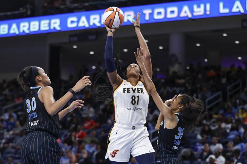 May 24, 2022; Chicago, Illinois, USA; Indiana Fever center Alaina Coates (81) shoots against the Chicago Sky during the second half at Wintrust Arena. Mandatory Credit: Kamil Krzaczynski-USA TODAY Sports