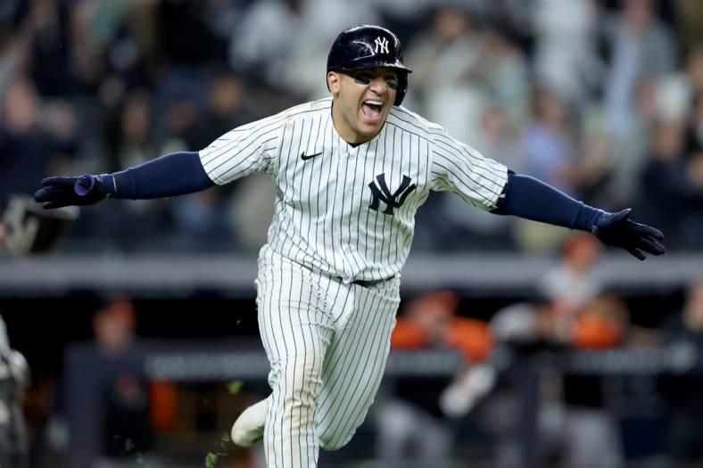 May 24, 2022; Bronx, New York, USA; New York Yankees catcher Jose Trevino (39) celebrates his walkoff RBI single against the Baltimore Orioles during the eleventh inning at Yankee Stadium. Mandatory Credit: Brad Penner-USA TODAY Sports