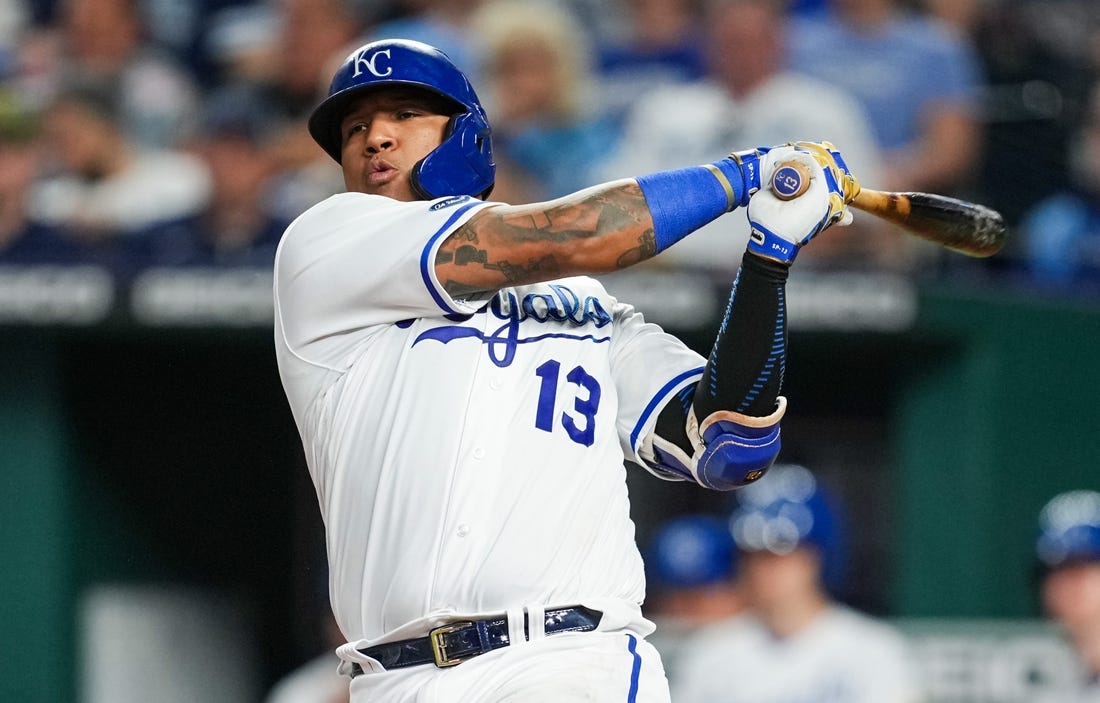 May 16, 2022; Kansas City, Missouri, USA; Kansas City Royals catcher Salvador Perez (13) bats against the Chicago White Sox during the sixth inning at Kauffman Stadium. Mandatory Credit: Jay Biggerstaff-USA TODAY Sports