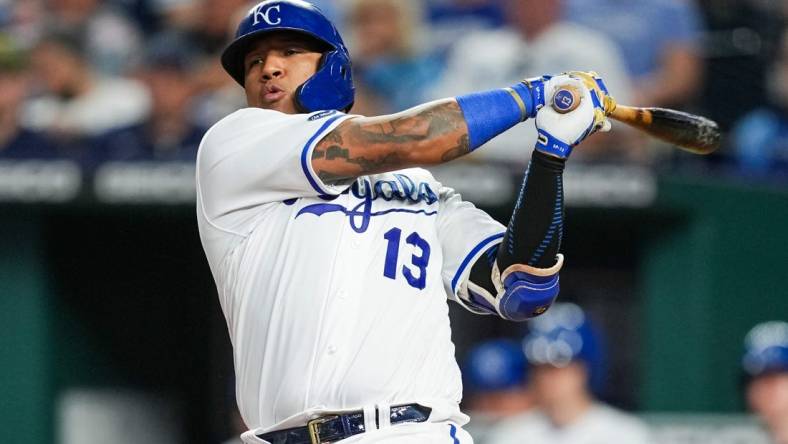 May 16, 2022; Kansas City, Missouri, USA; Kansas City Royals catcher Salvador Perez (13) bats against the Chicago White Sox during the sixth inning at Kauffman Stadium. Mandatory Credit: Jay Biggerstaff-USA TODAY Sports