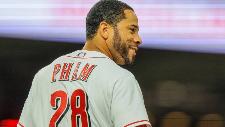 Apr 27, 2022; Cincinnati, Ohio, USA; Cincinnati Reds left fielder Tommy Pham (28) during the seventh inning against the San Diego Padres at Great American Ball Park. Mandatory Credit: Katie Stratman-USA TODAY Sports