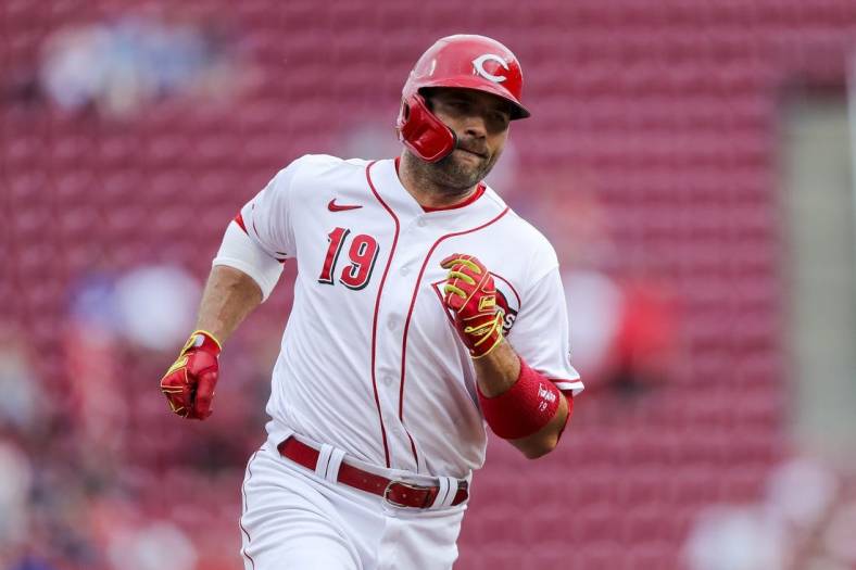 May 25, 2022; Cincinnati, Ohio, USA; Cincinnati Reds first baseman Joey Votto (19) runs the bases after hitting a solo home run against the Chicago Cubs in the second inning at Great American Ball Park. Mandatory Credit: Katie Stratman-USA TODAY Sports