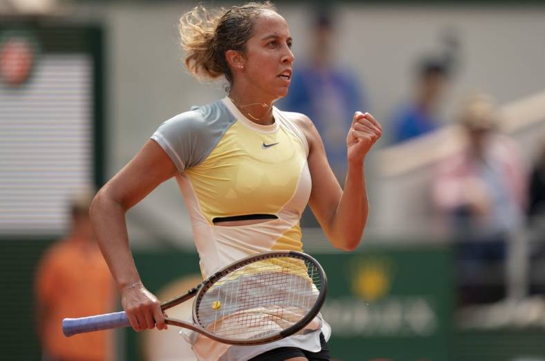 May 26, 2022; Paris, France; Madison Keys (USA) reacts after a point during a match against Caroline Garcia (FRA) on day five of the French Open at Stade Roland-Garros. Mandatory Credit: Susan Mullane-USA TODAY Sports