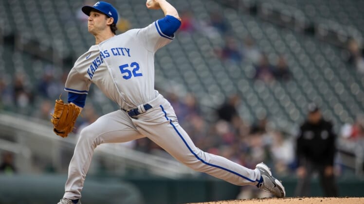 May 26, 2022; Minneapolis, Minnesota, USA; Kansas City Royals starting pitcher Daniel Lynch (52) delivers a pitch during the first inning against the Minnesota Twins at Target Field. Mandatory Credit: Jordan Johnson-USA TODAY Sports