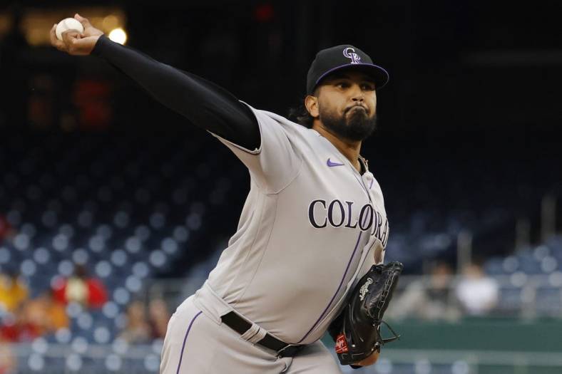 May 26, 2022; Washington, District of Columbia, USA; Colorado Rockies starting pitcher German Marquez (48) pitches against the Washington Nationals during the first inning at Nationals Park. Mandatory Credit: Geoff Burke-USA TODAY Sports
