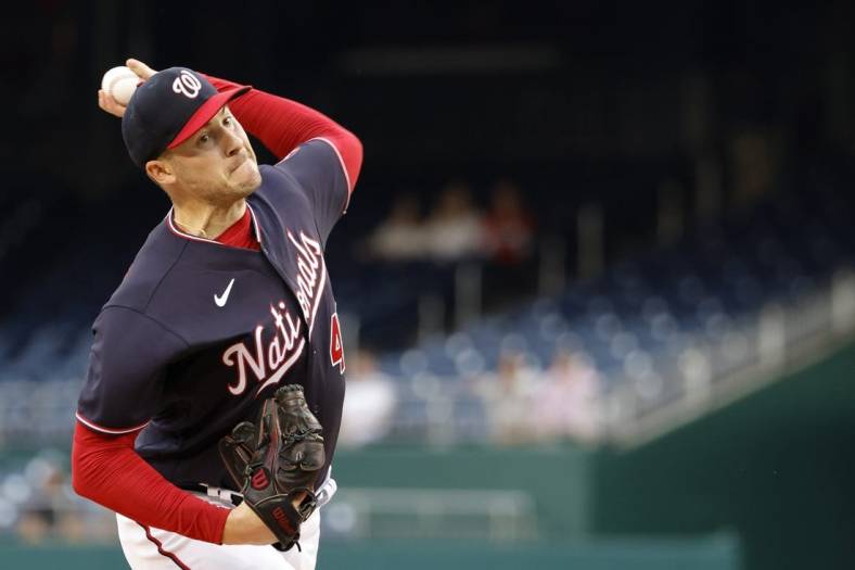 May 26, 2022; Washington, District of Columbia, USA; Washington Nationals starting pitcher Patrick Corbin (46) pitches against the Colorado Rockies during the first inning at Nationals Park. Mandatory Credit: Geoff Burke-USA TODAY Sports
