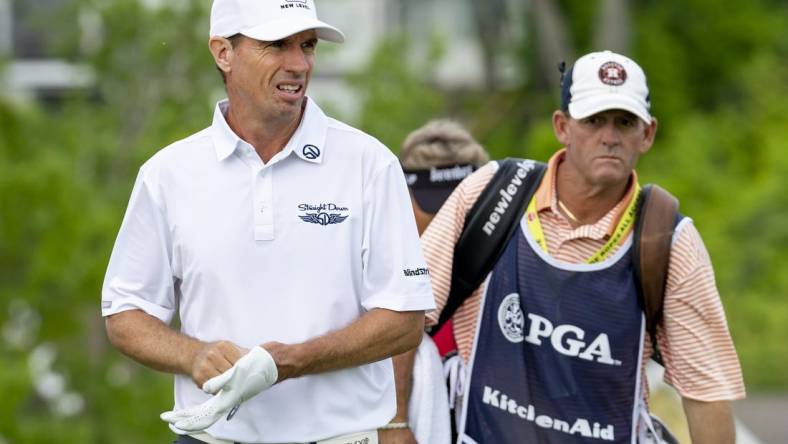 May 26, 2022; Benton Harbor, Michigan, USA; Steven Alker walks onto the eighth tee box during the first round of the 2022 KitchenAid Senior PGA Championship at Harbor Shores. Mandatory Credit: Raj Mehta-USA TODAY Sports