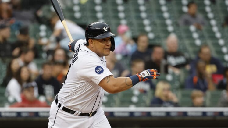 May 26, 2022; Detroit, Michigan, USA;  Detroit Tigers designated hitter Miguel Cabrera (24) hits an RBI single in the second inning against the Cleveland Guardians at Comerica Park. Mandatory Credit: Rick Osentoski-USA TODAY Sports