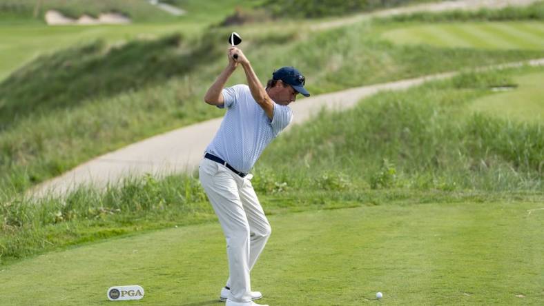 May 26, 2022; Benton Harbor, Michigan, USA; Stephen Ames hits his tee shot on the eighth hole during the first round of the 2022 KitchenAid Senior PGA Championship at Harbor Shores. Mandatory Credit: Raj Mehta-USA TODAY Sports