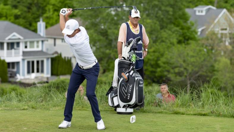 May 26, 2022; Benton Harbor, Michigan, USA; Steven Alker hits his tee shot on the eighth hole during the first round of the 2022 KitchenAid Senior PGA Championship at Harbor Shores. Mandatory Credit: Raj Mehta-USA TODAY Sports