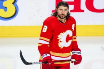 May 26, 2022; Calgary, Alberta, CAN; Calgary Flames defenseman Christopher Tanev (8) skates during the warmup period against the Edmonton Oilers in game five of the second round of the 2022 Stanley Cup Playoffs at Scotiabank Saddledome. Mandatory Credit: Sergei Belski-USA TODAY Sports