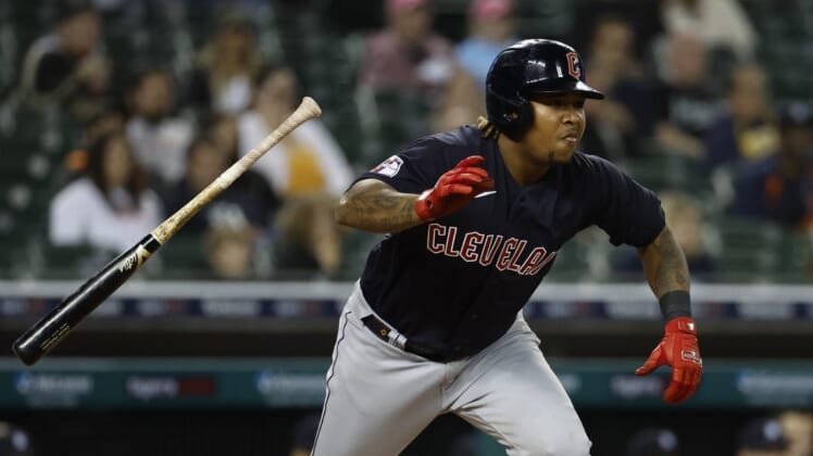 May 26, 2022; Detroit, Michigan, USA;  Cleveland Guardians designated hitter Jose Ramirez (11) hits a single in the eighth inning against the Detroit Tigers at Comerica Park. Mandatory Credit: Rick Osentoski-USA TODAY Sports