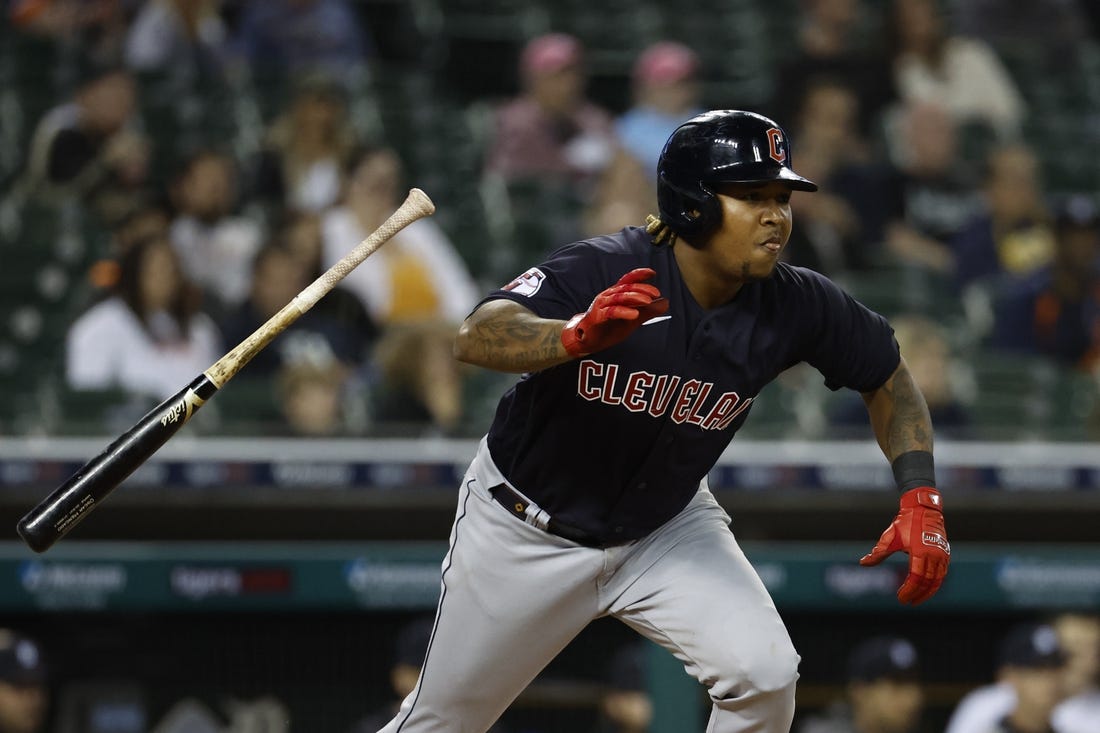 May 26, 2022; Detroit, Michigan, USA;  Cleveland Guardians designated hitter Jose Ramirez (11) hits a single in the eighth inning against the Detroit Tigers at Comerica Park. Mandatory Credit: Rick Osentoski-USA TODAY Sports