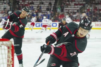 May 26, 2022; Raleigh, North Carolina, USA; Carolina Hurricanes center Sebastian Aho (20) warms up before game five of the second round of the 2022 Stanley Cup Playoffs against the New York Rangers at PNC Arena. Mandatory Credit: James Guillory-USA TODAY Sports