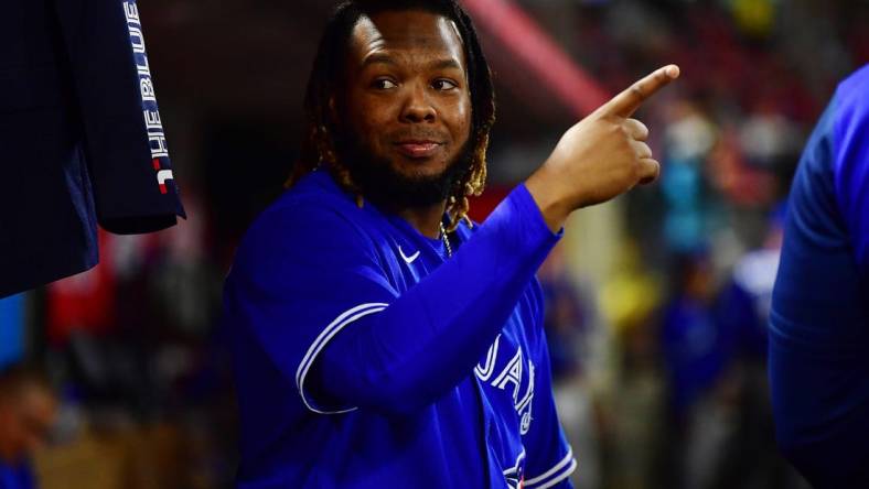 May 26, 2022; Anaheim, California, USA; Toronto Blue Jays designated hitter Vladimir Guerrero Jr. (27) reacts during the seventh inning at Angel Stadium. Mandatory Credit: Gary A. Vasquez-USA TODAY Sports