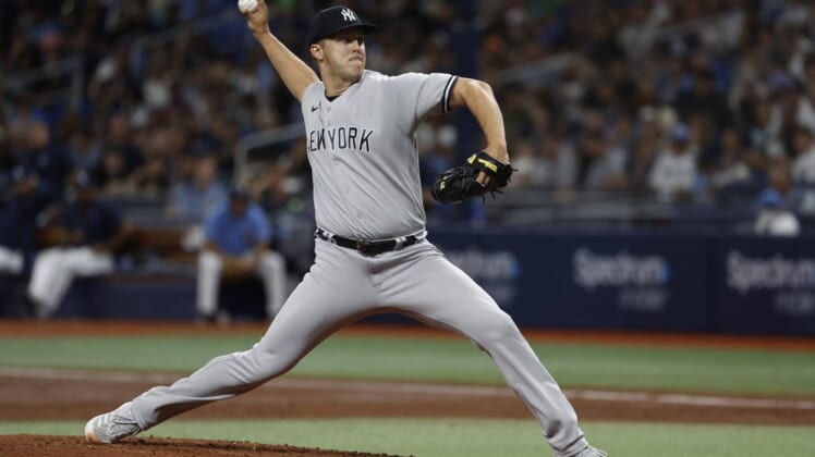 May 27, 2022; St. Petersburg, Florida, USA; New York Yankees starting pitcher Jameson Taillon (50) throws a pitch during the third inning against the Tampa Bay Rays at Tropicana Field. Mandatory Credit: Kim Klement-USA TODAY Sports
