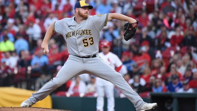 May 27, 2022; St. Louis, Missouri, USA; Milwaukee Brewers starting pitcher Brandon Woodruff (53) pitches against the St. Louis Cardinals during the second inning at Busch Stadium. Mandatory Credit: Joe Puetz-USA TODAY Sports