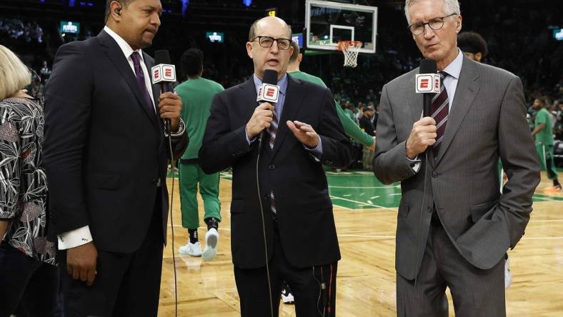 May 27, 2022; Boston, Massachusetts, USA; ESPN broadcasters Mark Jackson, Jeff Van Gundy and Mike Breen before game six of the 2022 eastern conference finals at TD Garden. Mandatory Credit: Winslow Townson-USA TODAY Sports