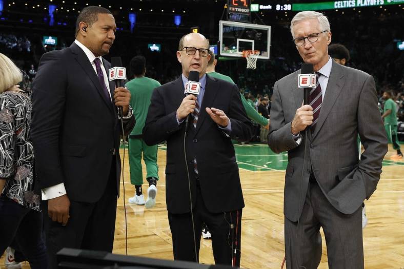 May 27, 2022; Boston, Massachusetts, USA; ESPN broadcasters Mark Jackson, Jeff Van Gundy and Mike Breen before game six of the 2022 eastern conference finals at TD Garden. Mandatory Credit: Winslow Townson-USA TODAY Sports