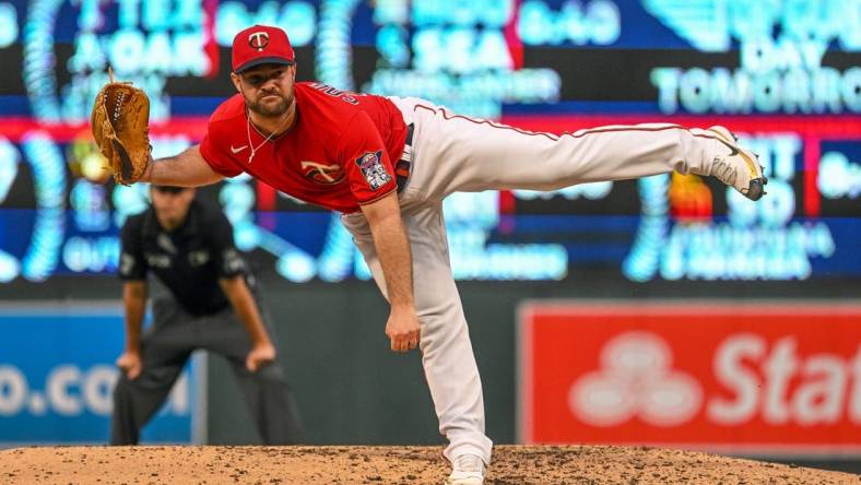 May 27, 2022; Minneapolis, Minnesota, USA; Minnesota Twins relief pitcher Danny Coulombe (53) delivers a pitch against the Kansas City Royals during the fourth inning at Target Field. Mandatory Credit: Nick Wosika-USA TODAY Sports