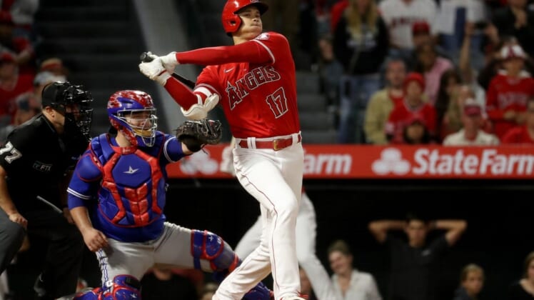 May 27, 2022; Anaheim, California, USA;  Los Angeles Angels two-way player Shohei Ohtani (17) strikes out in the ninth inning against the Toronto Blue Jays at Angel Stadium. Mandatory Credit: Kiyoshi Mio-USA TODAY Sports