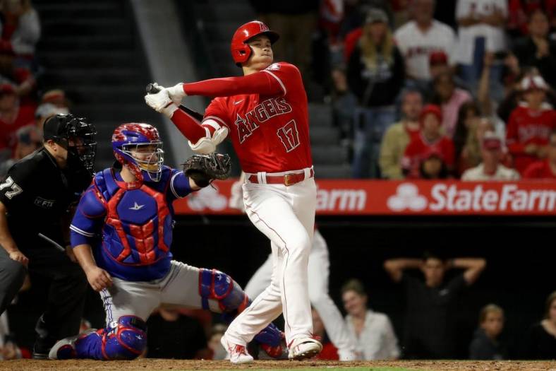 May 27, 2022; Anaheim, California, USA;  Los Angeles Angels two-way player Shohei Ohtani (17) strikes out in the ninth inning against the Toronto Blue Jays at Angel Stadium. Mandatory Credit: Kiyoshi Mio-USA TODAY Sports