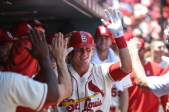 May 28, 2022; St. Louis, Missouri, USA; St. Louis Cardinals second baseman Nolan Gorman (16) is congratulated after hitting his first home run in the MLB against the Milwaukee Brewers during the first inning at Busch Stadium. Mandatory Credit: Joe Puetz-USA TODAY Sports