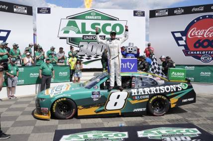 May 28, 2022; Concord, North Carolina, USA;  NASCAR Xfinity Series driver Josh Berry (8) celebrates his win during the Alsco Uniforms 300 at Charlotte Motor Speedway. Mandatory Credit: Jim Dedmon-USA TODAY Sports