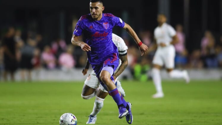 May 28, 2022; Fort Lauderdale, Florida, USA; Portland Timbers midfielder Cristhian Paredes (22) runs with the ball against Inter Miami CF during the first half at DRV PNK Stadium. Mandatory Credit: Sam Navarro-USA TODAY Sports