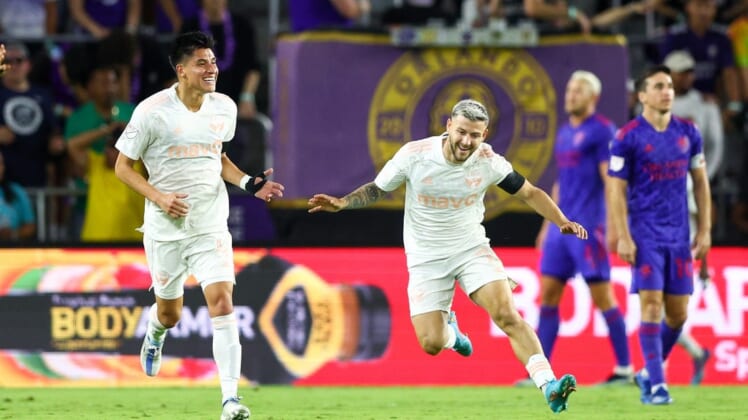 May 28, 2022; Orlando, Florida, USA;  FC Dallas forward Paul Arriola (7) reacts after scoring a goal against Orlando City in the second half at Exploria Stadium. Mandatory Credit: Nathan Ray Seebeck-USA TODAY Sports