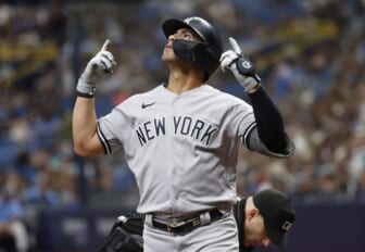 May 29, 2022; St. Petersburg, Florida, USA; New York Yankees second baseman Gleyber Torres (25) celebrates after he hit a home run during the second inning against the Tampa Bay Raysb at Tropicana Field. Mandatory Credit: Kim Klement-USA TODAY Sports