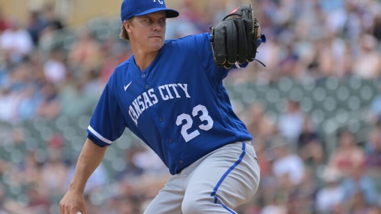 May 29, 2022; Minneapolis, Minnesota, USA; Kansas City Royals starting pitcher Zack Greinke (23) throws a pitch against the Minnesota Twins during the first inning at Target Field. Mandatory Credit: Jeffrey Becker-USA TODAY Sports