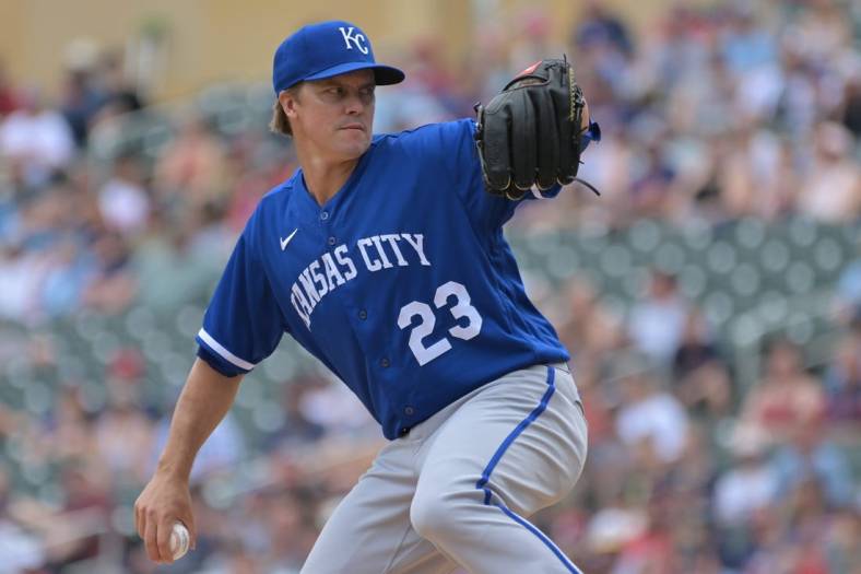 May 29, 2022; Minneapolis, Minnesota, USA; Kansas City Royals starting pitcher Zack Greinke (23) throws a pitch against the Minnesota Twins during the first inning at Target Field. Mandatory Credit: Jeffrey Becker-USA TODAY Sports