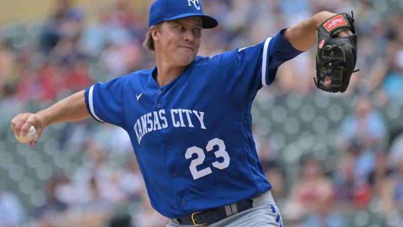 May 29, 2022; Minneapolis, Minnesota, USA; Kansas City Royals starting pitcher Zack Greinke (23) throws a pitch against the Minnesota Twins during the first inning at Target Field. Mandatory Credit: Jeffrey Becker-USA TODAY Sports