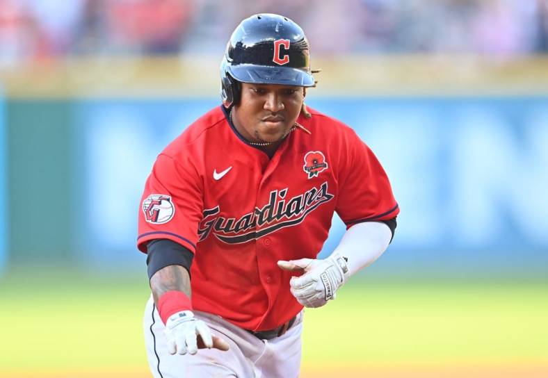 May 30, 2022; Cleveland, Ohio, USA; Cleveland Guardians third baseman Jose Ramirez (11) rounds the bases after hitting a home run during the fifth inning against the Kansas City Royals at Progressive Field. Mandatory Credit: Ken Blaze-USA TODAY Sports