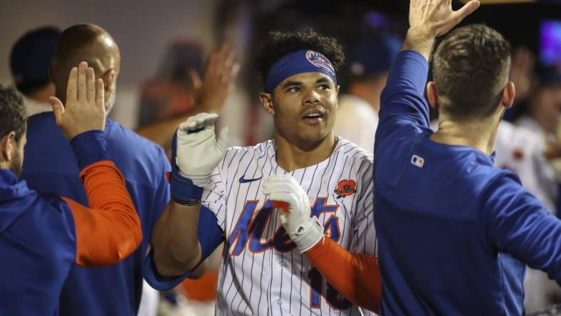 May 30, 2022; New York City, New York, USA; New York Mets left fielder Nick Plummer (18) is congratulated in the dugout after hitting a three-run home run in the fourth inning against the Washington Nationals at Citi Field. Mandatory Credit: Wendell Cruz-USA TODAY Sports