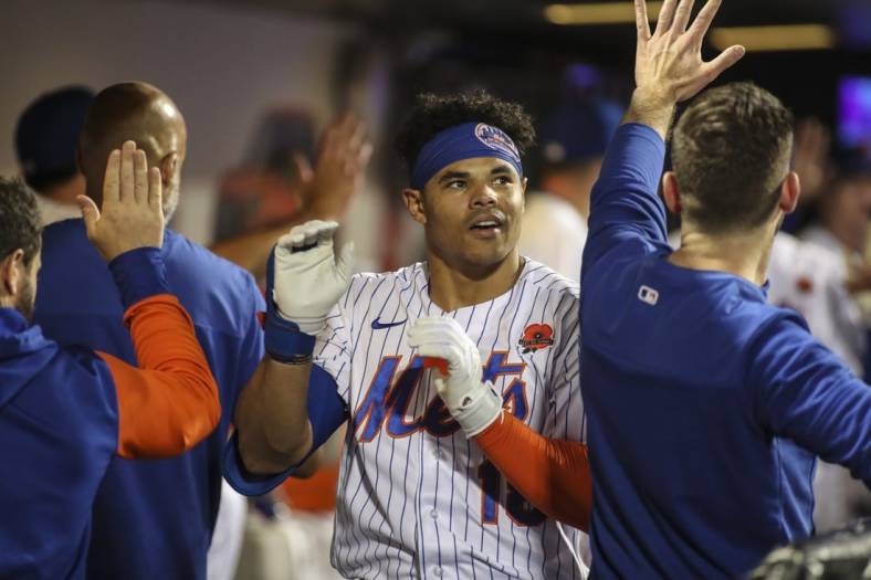 May 30, 2022; New York City, New York, USA; New York Mets left fielder Nick Plummer (18) is congratulated in the dugout after hitting a three-run home run in the fourth inning against the Washington Nationals at Citi Field. Mandatory Credit: Wendell Cruz-USA TODAY Sports