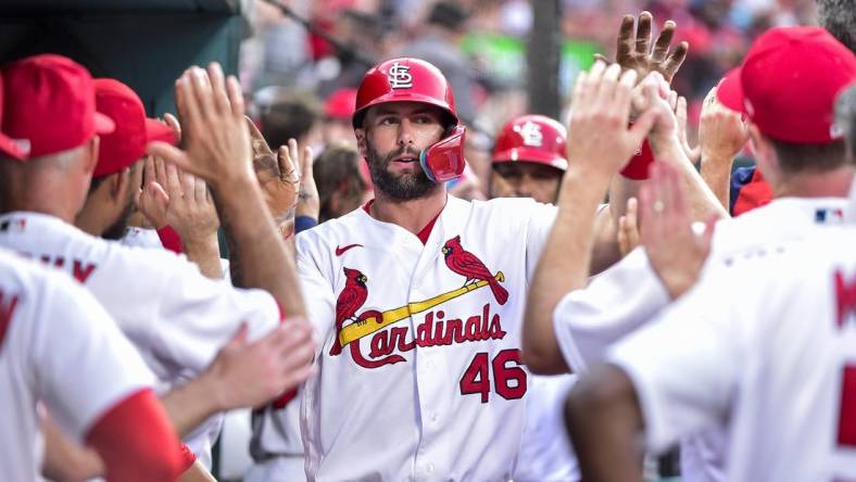 May 31, 2022; St. Louis, Missouri, USA;  St. Louis Cardinals first baseman Paul Goldschmidt (46) celebrates with teammates after scoring against the San Diego Padres during the third inning at Busch Stadium. Mandatory Credit: Jeff Curry-USA TODAY Sports