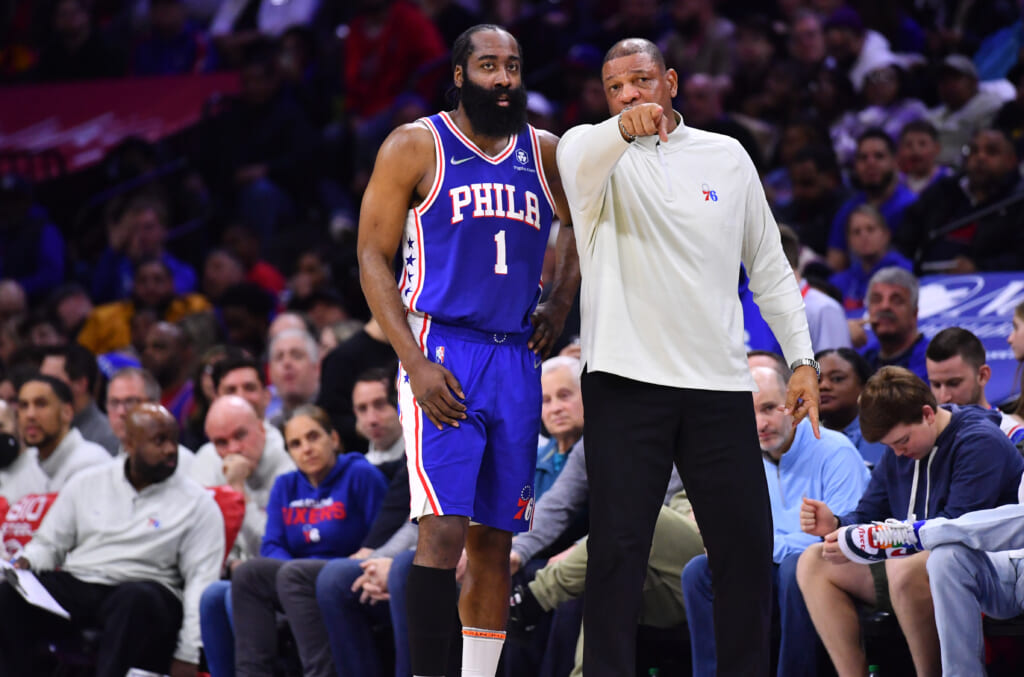 Daryl Morey, Philadelphia 76ers Standing By Doc Rivers, James Harden ...