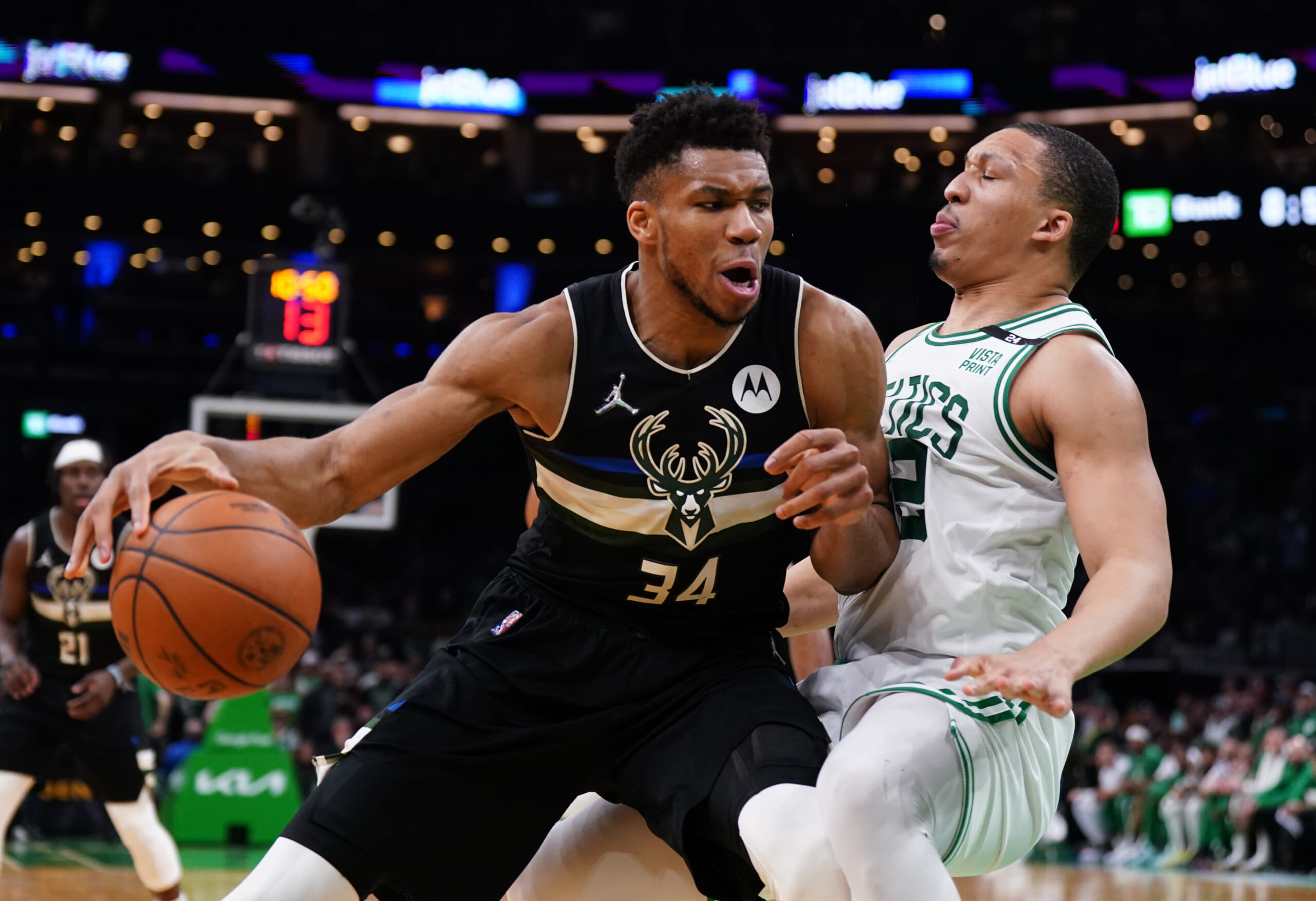 Giannis Antetokounmpo's stats though 13 games are absolutely mind