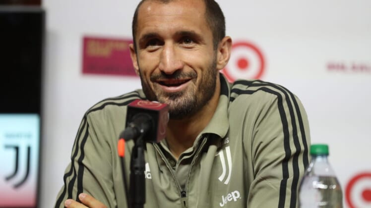 Jul 30, 2018; Atlanta, GA, USA; Juventus defender Giorgio Chiellini speaks during the Juventus and MLS All-Star team press conference with  at the MLS Digital HQ.  Mandatory Credit: Jason Getz-USA TODAY Sports