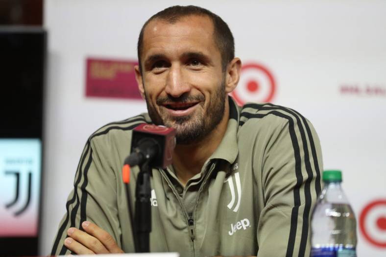 Jul 30, 2018; Atlanta, GA, USA; Juventus defender Giorgio Chiellini speaks during the Juventus and MLS All-Star team press conference with  at the MLS Digital HQ.  Mandatory Credit: Jason Getz-USA TODAY Sports