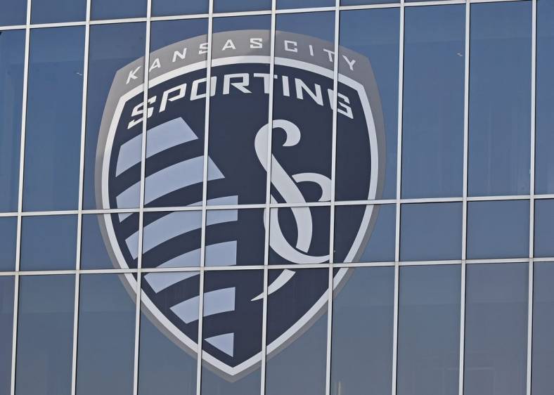 Aug 18, 2018; Kansas City, KS, USA; A view of the Sporting KC logo on the windows of Children's Mercy Park, prior to a game between Sporting KC and the Portland Timbers. Mandatory Credit: Peter G. Aiken/USA TODAY Sports