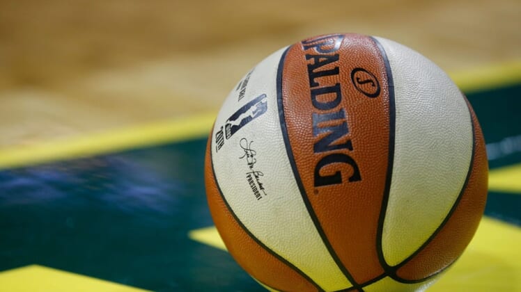 Sep 7, 2018; Seattle, WA, USA; The WNBA logo on a ball during the fourth quarter of game one of the WNBA finals between the Seattle Storm and the Washington Mystics at KeyArena. Mandatory Credit: Jennifer Buchanan-USA TODAY Sports